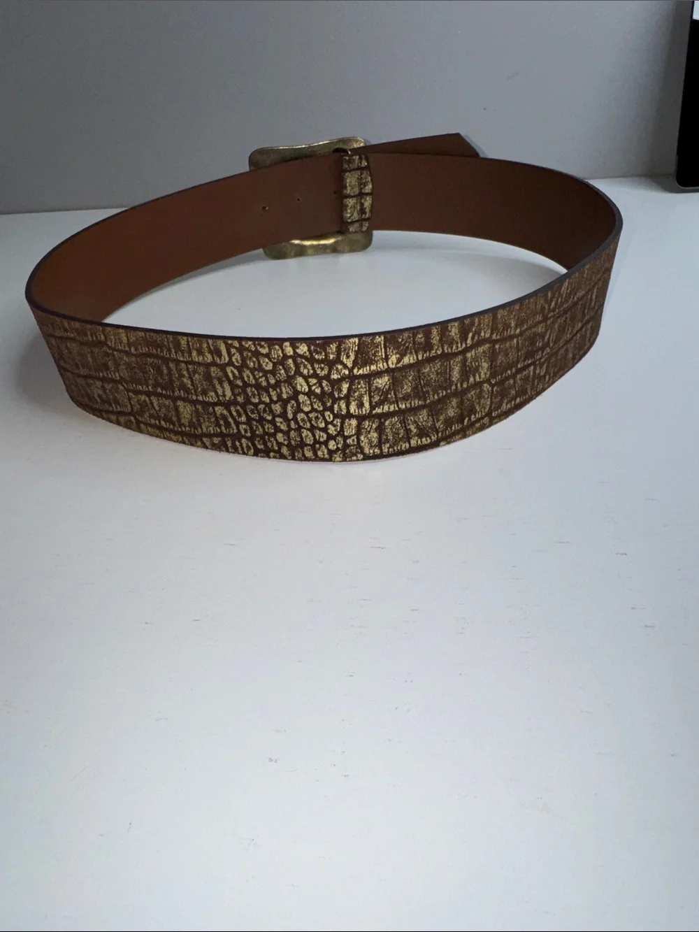 Chico’s Genuine Leather Wide Croc Embossed Belt with Hammered Brass Buckle